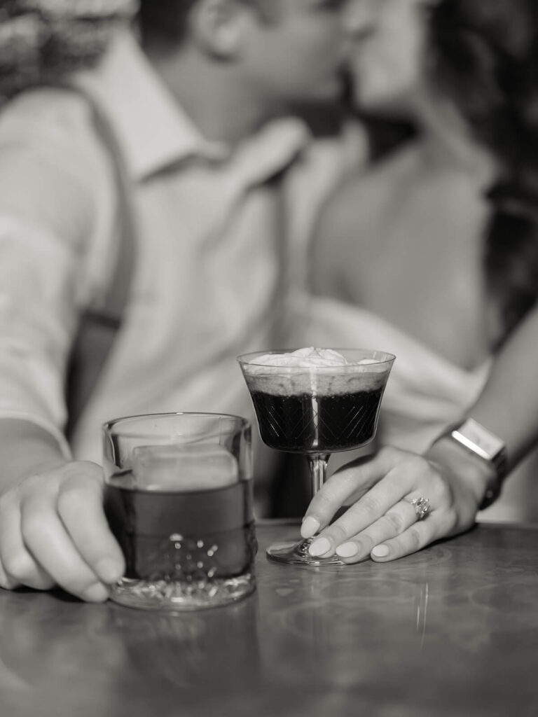 Close-up engagement photo at historic Boston Beacon Hill bar interior