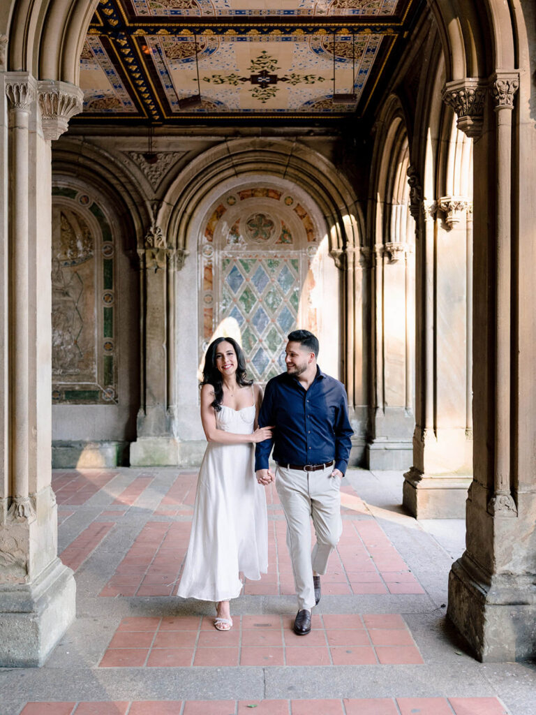 Golden hour engagement photography at Bethesda Terrace Central Park NYC