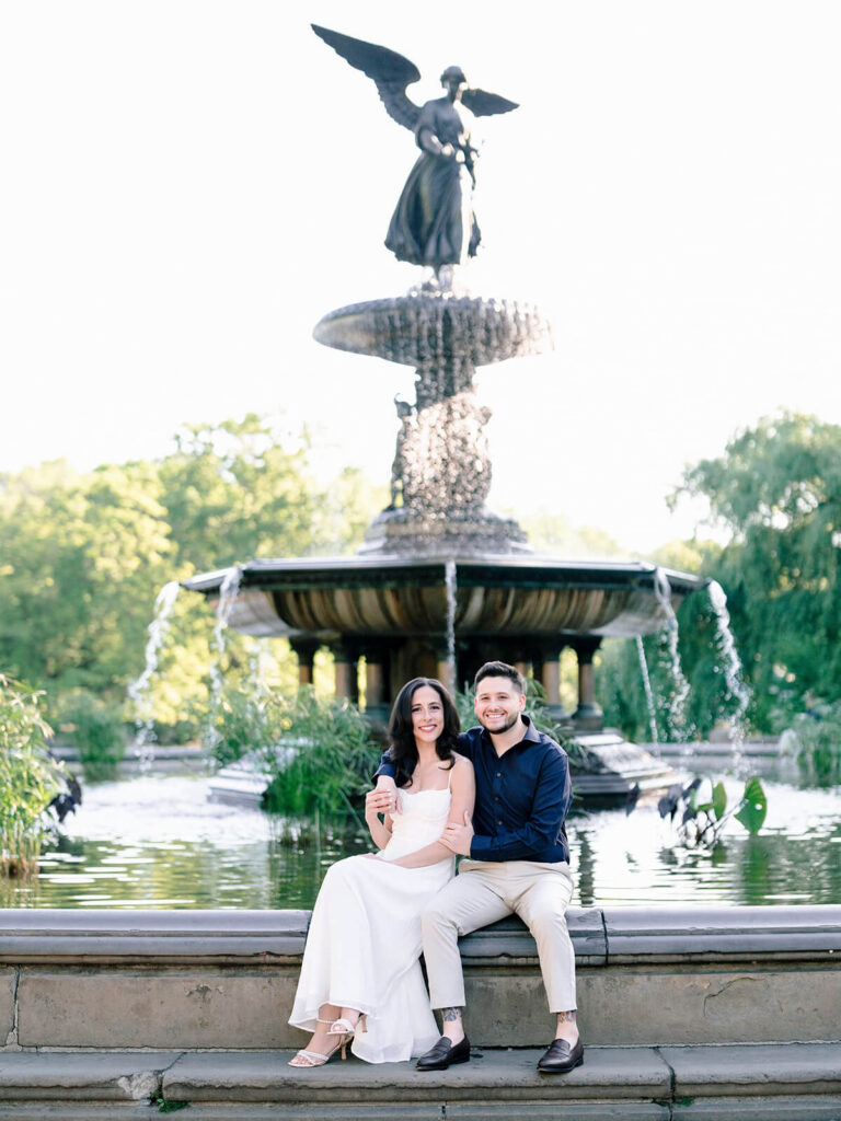 Classic couple portrait at Bethesda Terrace arcade Central Park engagement shoot