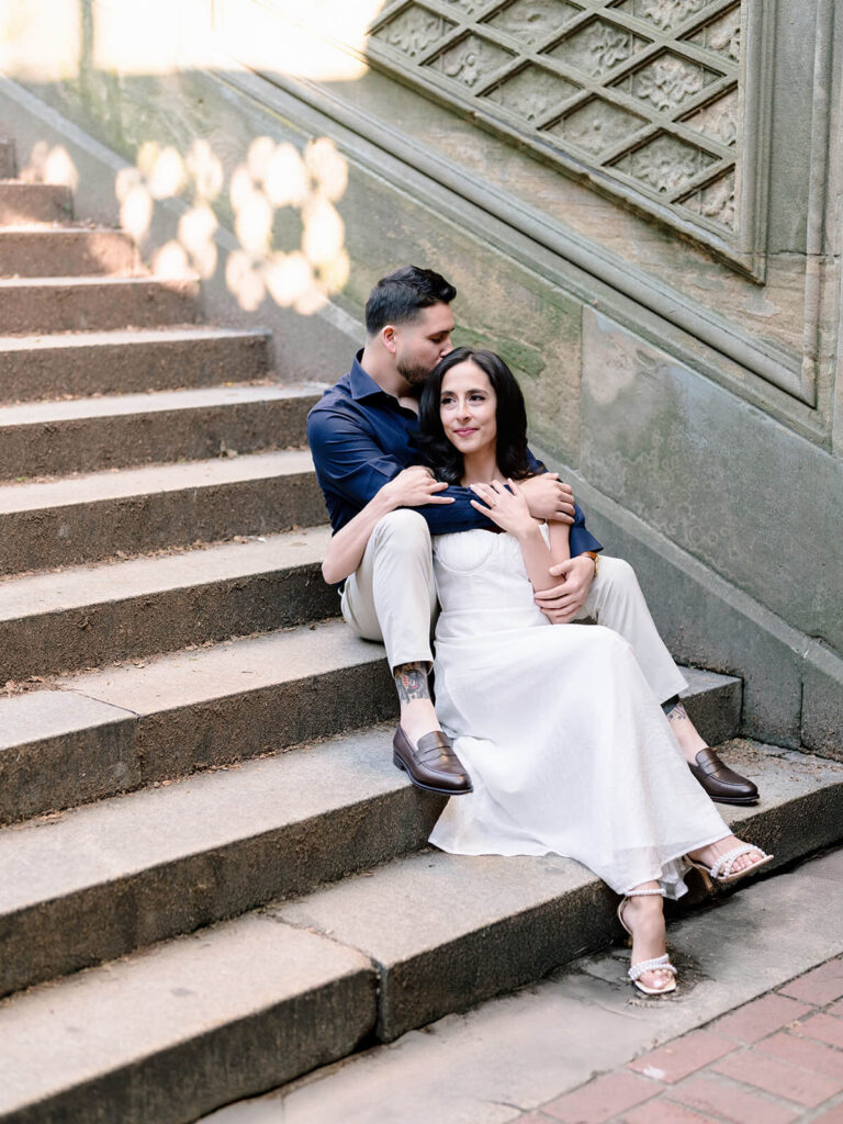 Central Park engagement portraits at Bethesda Terrace with morning golden light