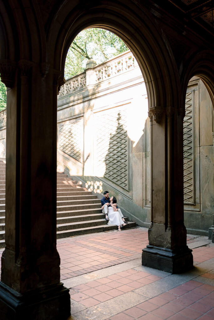 Classic NYC engagement photography at iconic Bethesda Terrace Central Park location