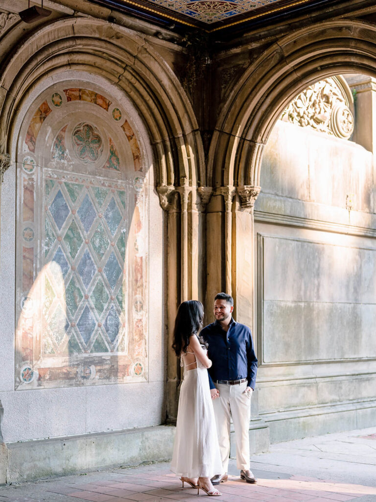 Early morning Central Park engagement session at Bethesda Terrace avoiding crowds