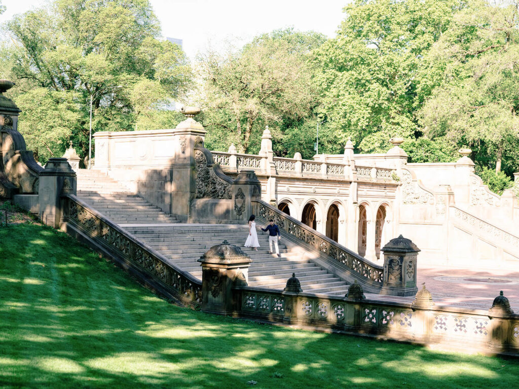 Grand vista engagement photo at Bethesda Terrace stairs Central Park NYC