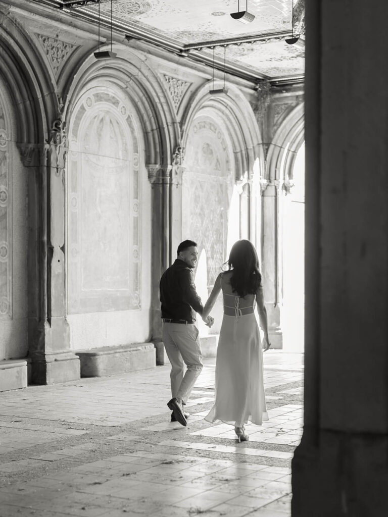 Romantic bar engagement photos at The Penrose Upper East Side NYC couple