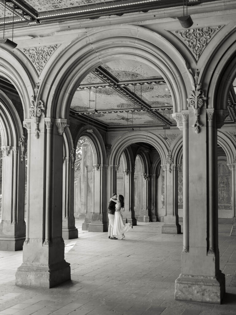 Urban engagement photos at NYC bar with candid couple moments and drinks