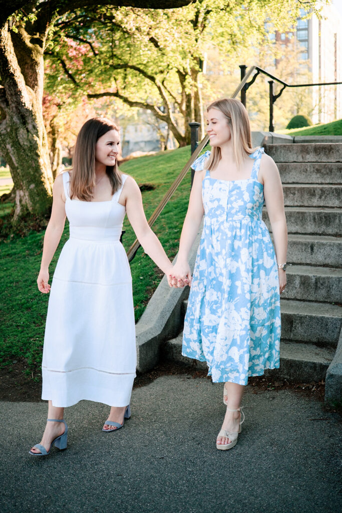 Boston spring engagement photos with colorful tulip garden and brownstone backdrop