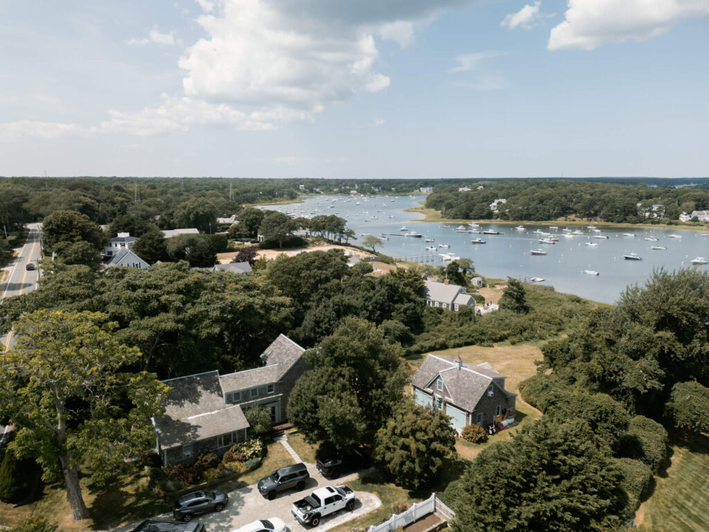 Aerial view of Chatham Bars Inn and the Cape Cod shoreline in Chatham, Massachusetts