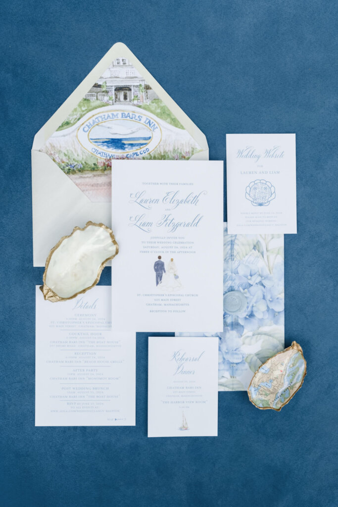 Blue and white invitation suite for a Chatham Bars Inn wedding on Cape Cod