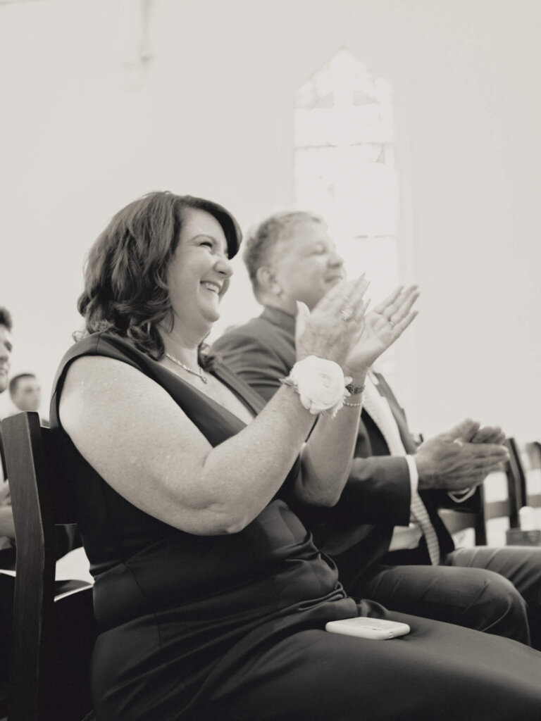 Close portrait of the bride during the church ceremony in Chatham, Massachusetts