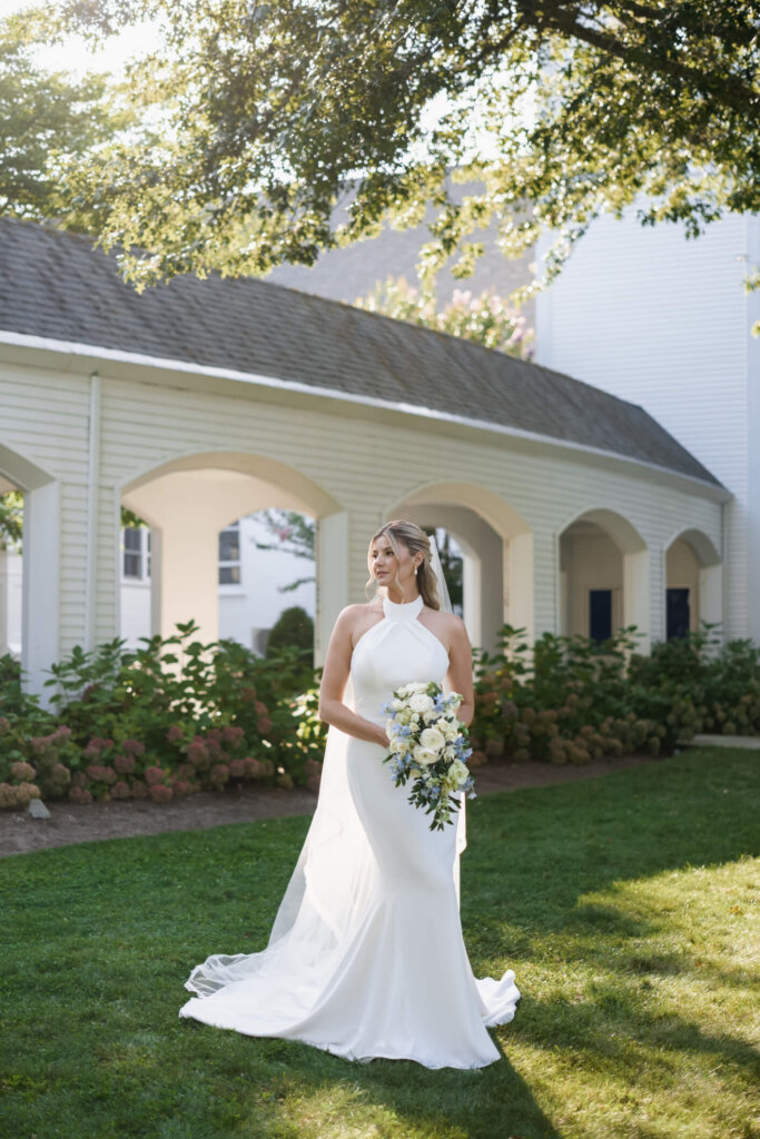 Bridal bouquet of blue and white flowers at a Chatham Bars Inn wedding