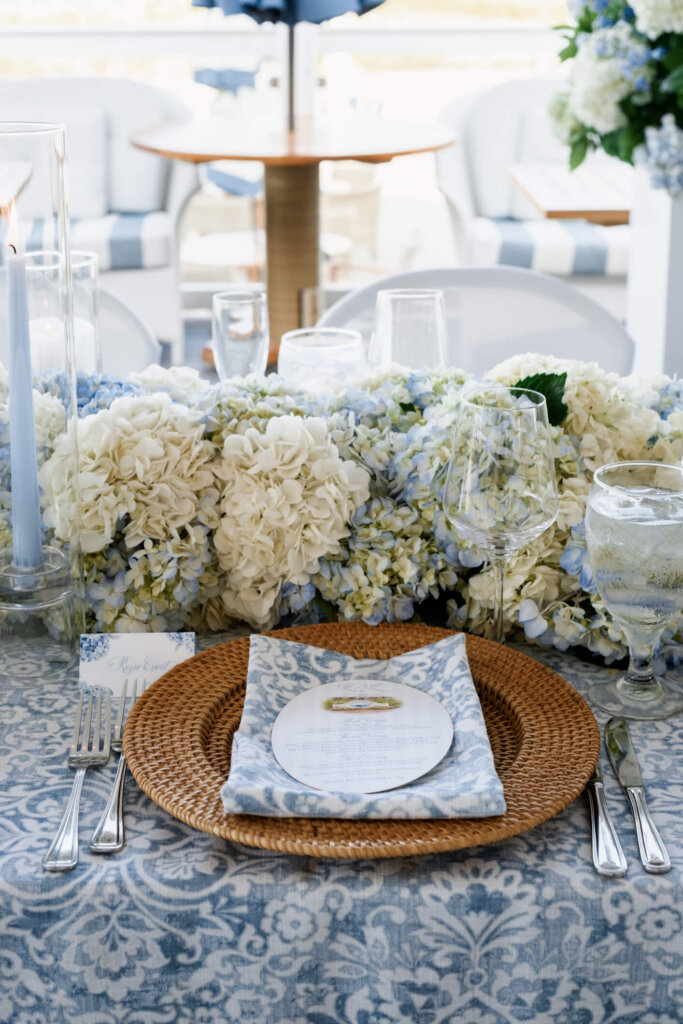 Place setting with patterned menu card at a Chatham Bars Inn wedding reception
