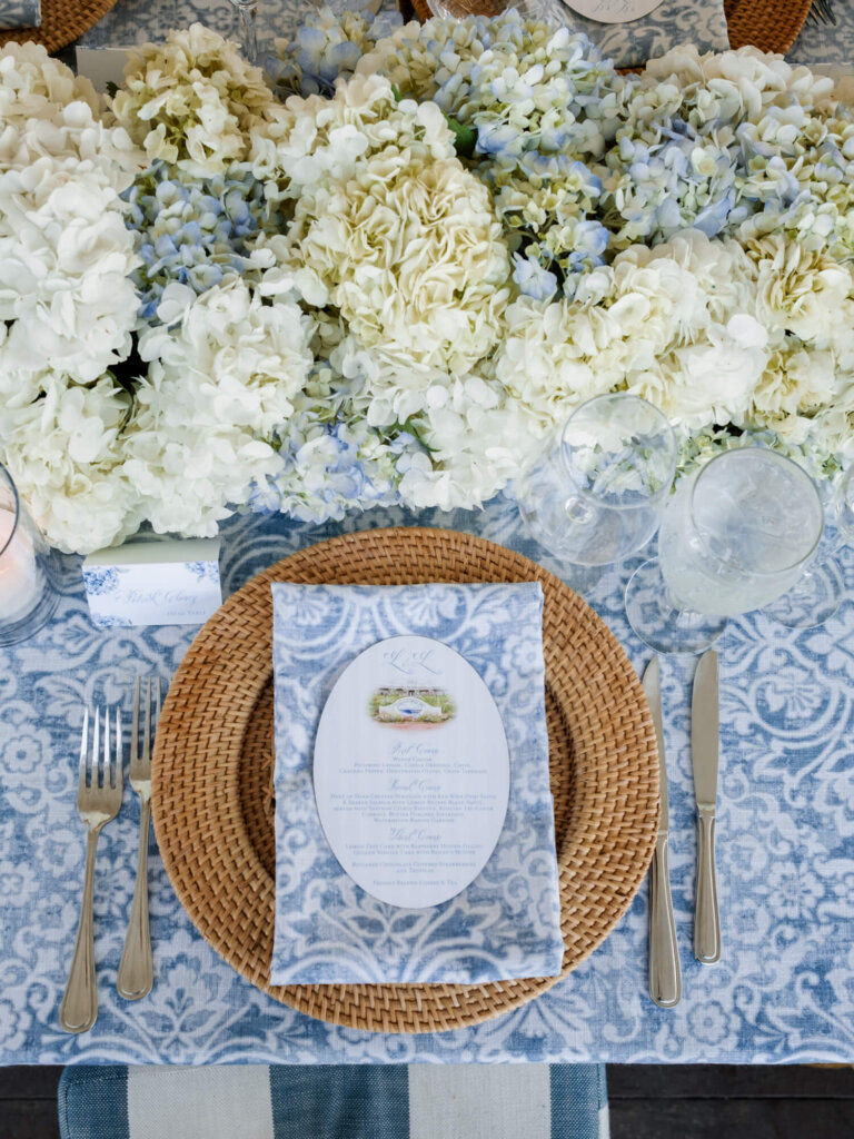 Blue and white reception place setting at Chatham Bars Inn on Cape Cod