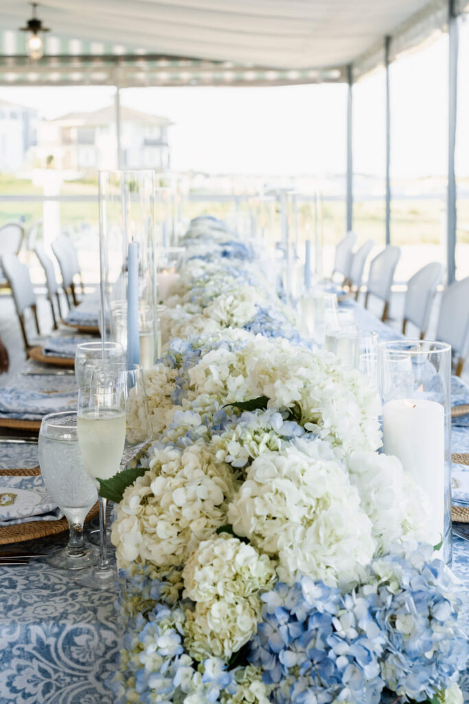 Long blue and white reception table design at Chatham Bars Inn on Cape Cod