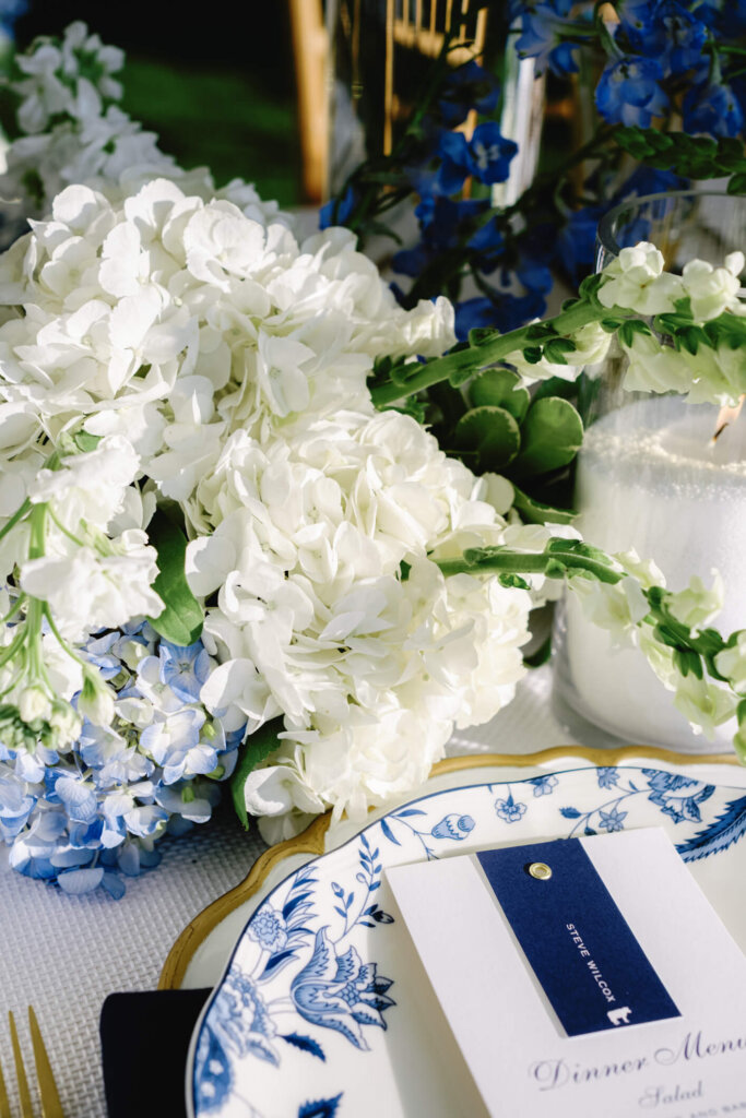 Blue patterned linen and flowers at the Bedford Golf and Tennis Club reception