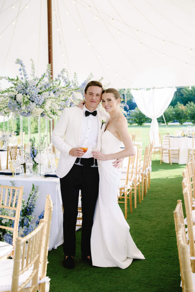 Bride and groom portrait during golden hour outside Bedford Golf and Tennis Club
