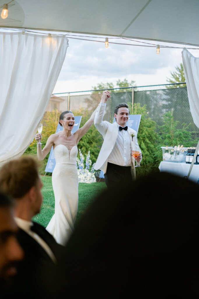 Bride and groom portrait on the lawn at sunset in Bedford, New York
