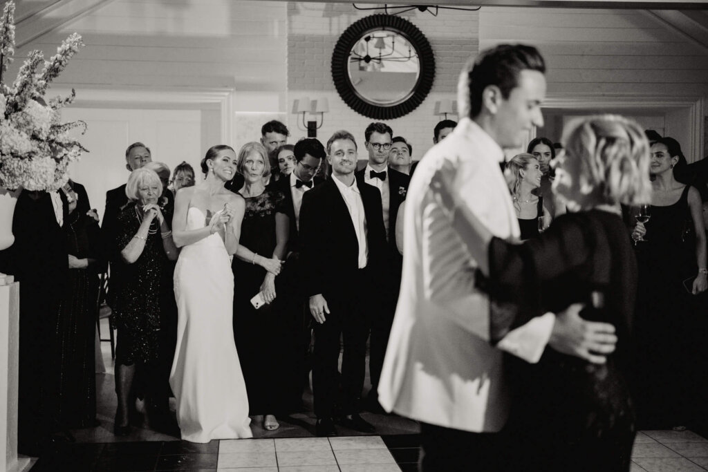 Bride in a short reception dress on the dance floor at Bedford Golf and Tennis Club