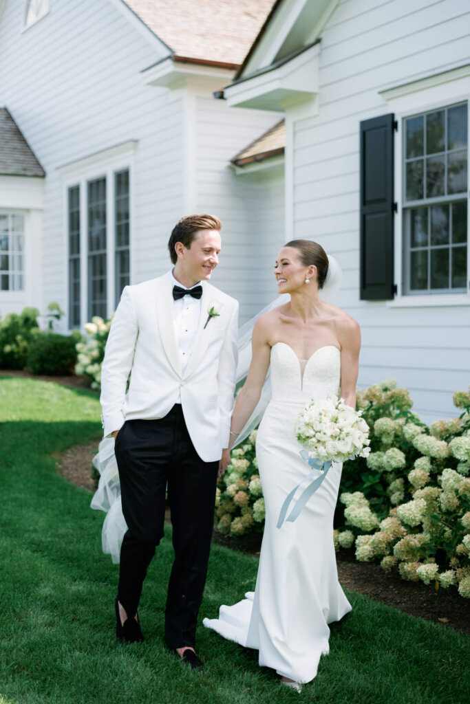 Bride and groom portrait outside before their Bedford Golf and Tennis Club wedding
