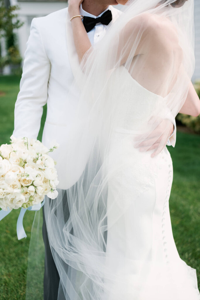 Blue and white bridal bouquet at a Bedford Golf and Tennis Club wedding