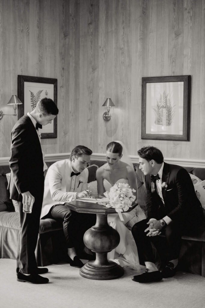 Ceremony chairs and floral arrangements at Bedford Golf and Tennis Club