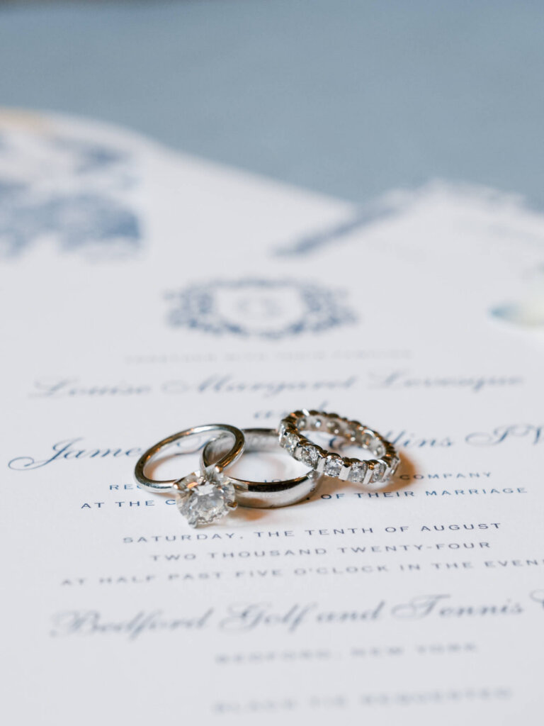 Invitation suite and jewelry details for a Bedford Golf and Tennis Club wedding outside NYC