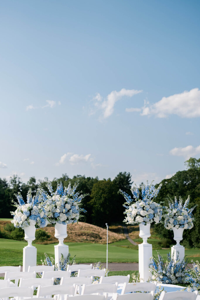Bedford Golf and Tennis Club ceremony view with blue and white flowers