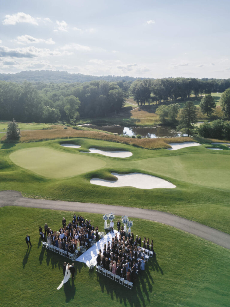 Drone view of the lawn ceremony at Bedford Golf and Tennis Club outside NYC
