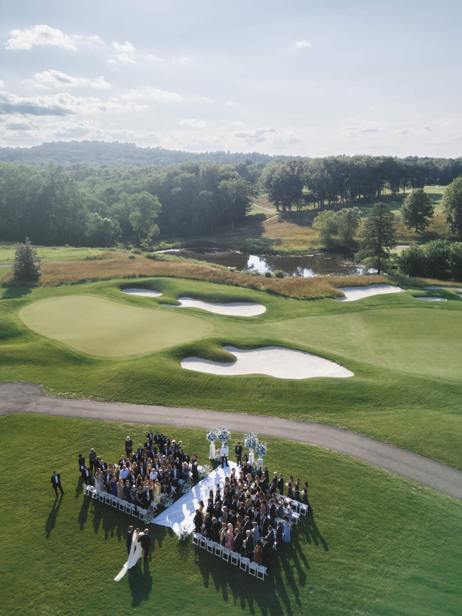 Drone view of the lawn ceremony at Bedford Golf and Tennis Club outside NYC