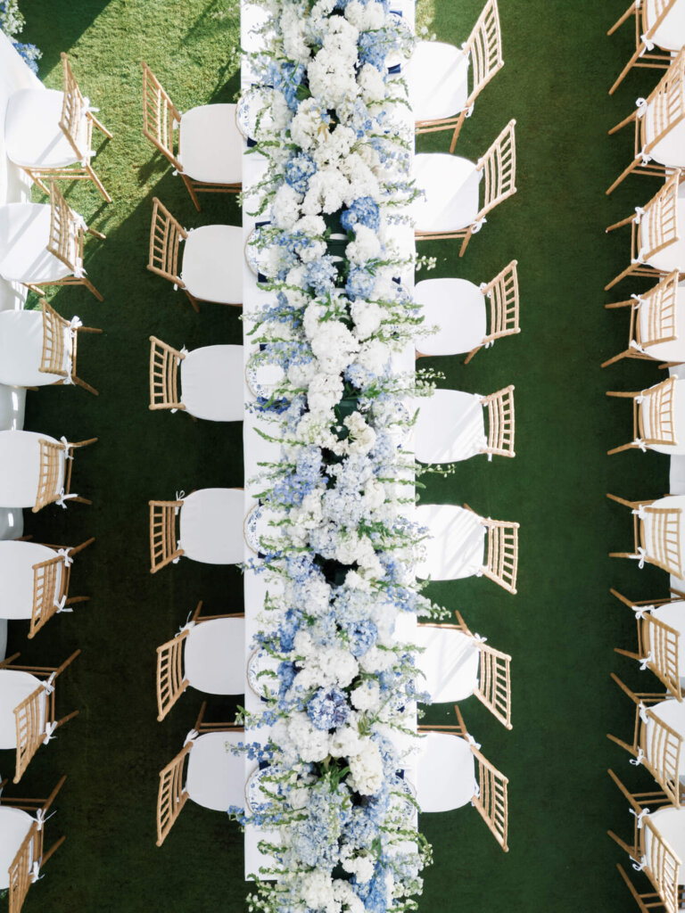 Blue and white tablescape at the Bedford Golf and Tennis Club wedding reception