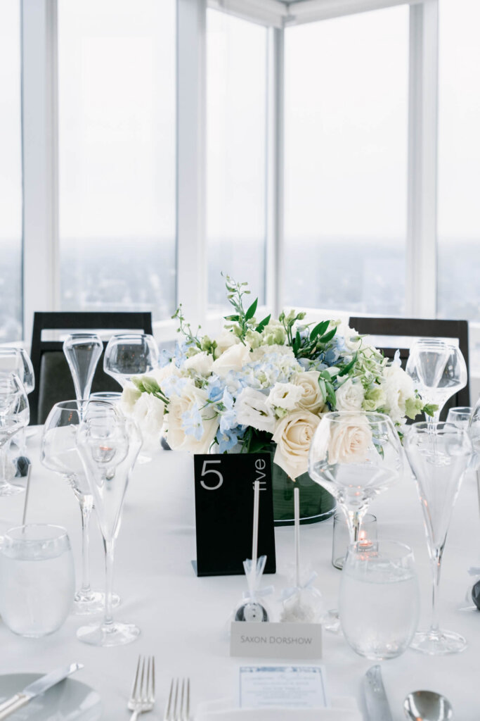 Skyline dinner table detail at the New York welcome dinner before the Bedford wedding