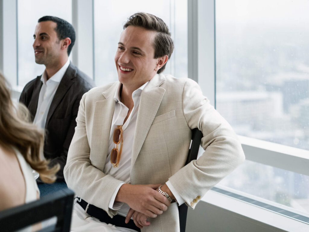 James in a cream jacket during the New York welcome dinner before the Bedford wedding weekend