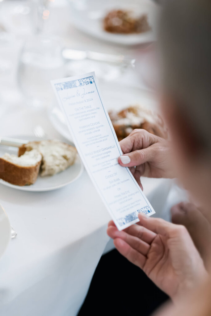 Printed menu at the New York welcome dinner before the Bedford wedding weekend
