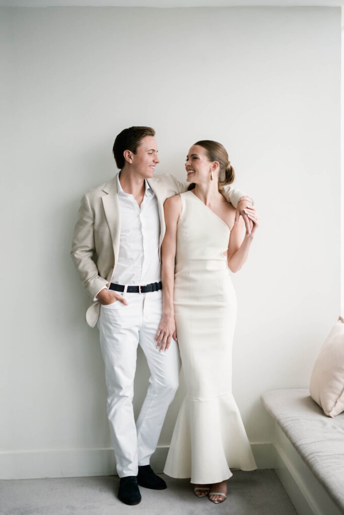 Louise and James elevator portrait at their New York wedding welcome dinner