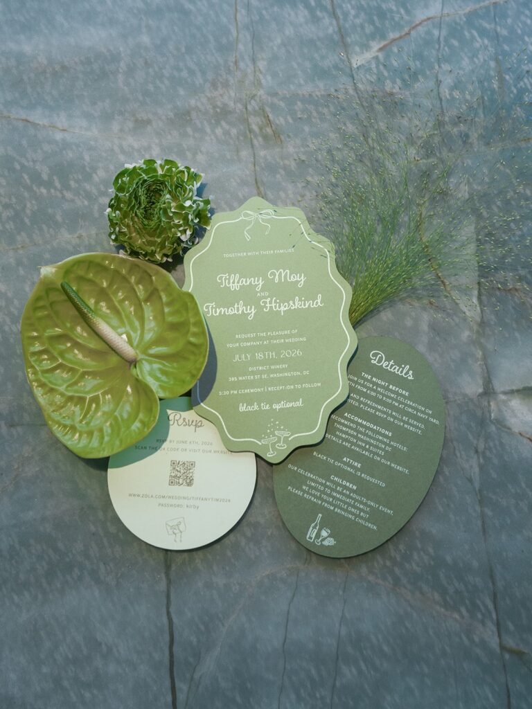 Green wedding invitation suite with anthurium details