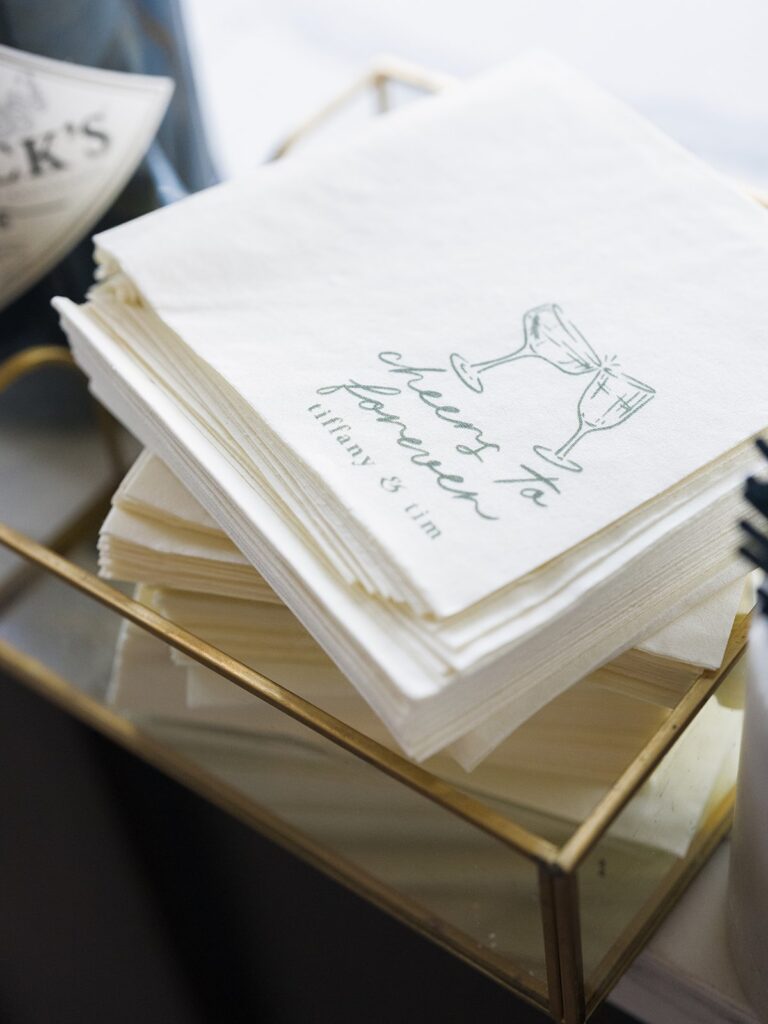 Embroidered wedding cocktail napkins for Tiffany and Tim