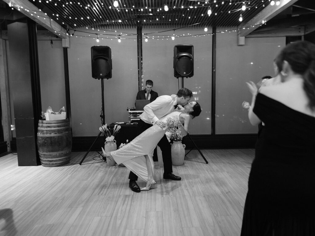 Tim dipping Tiffany on the dance floor at the end of their wedding reception