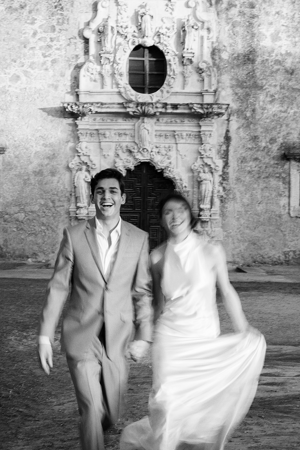 Intimate Elopement in Historic San Antonio with a black and white motion blur