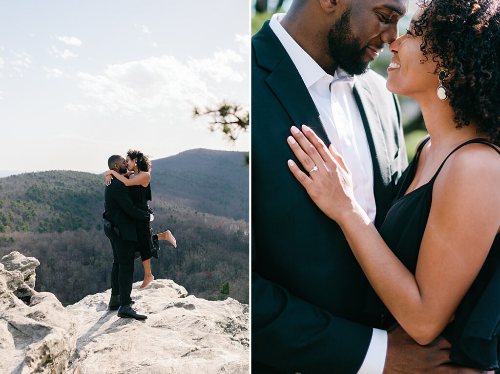 Natural beauty of Hanging Rock: A couple embracing each other on top of Hanging Rock, surrounded by the picturesque natural beauty of the state park.