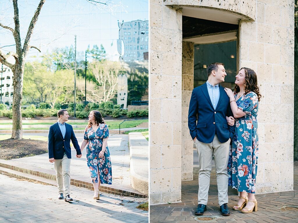 Couple walking in front of Wells Fargo building during Richmond engagement session