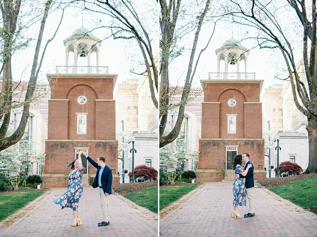 Couple dancing in front of the bell tower at the Richmond Capitol during this engagement session