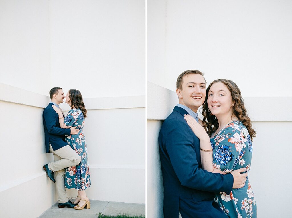 Couple sharing a sweet embrace at the Richmond Capitol Building during engagement session