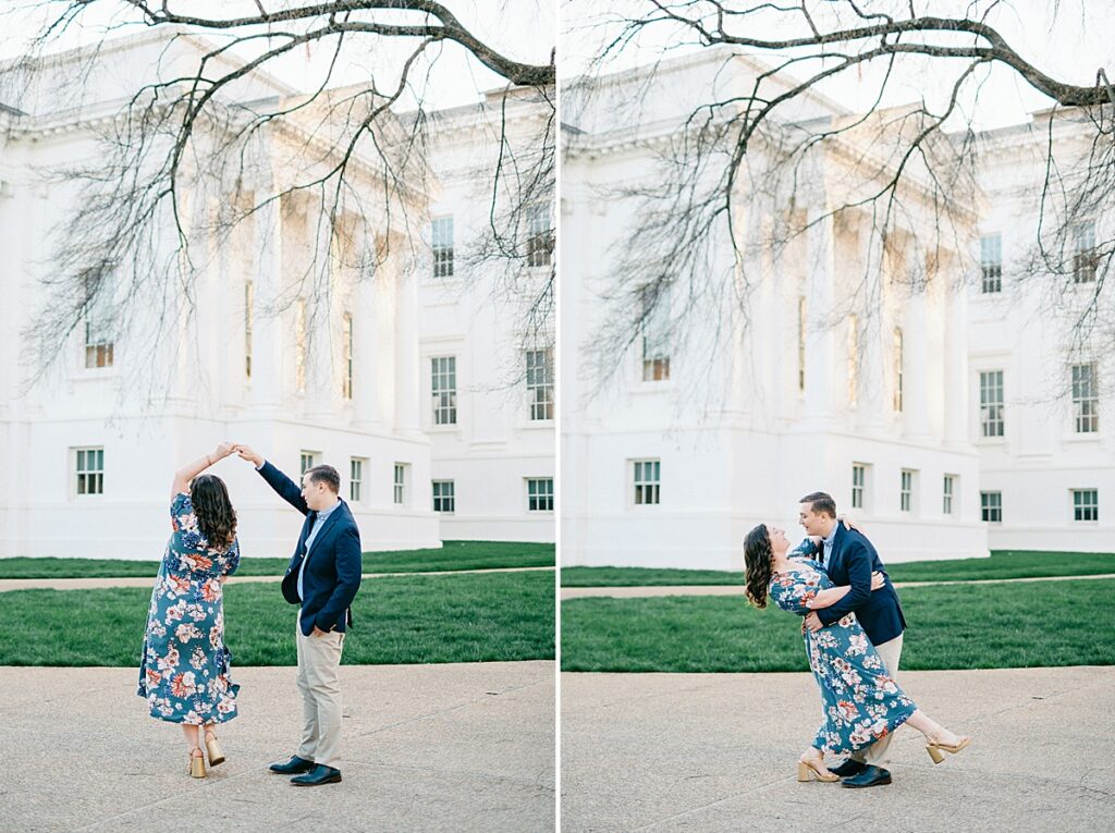 Couple dancing in front of the Richmond Capitol building