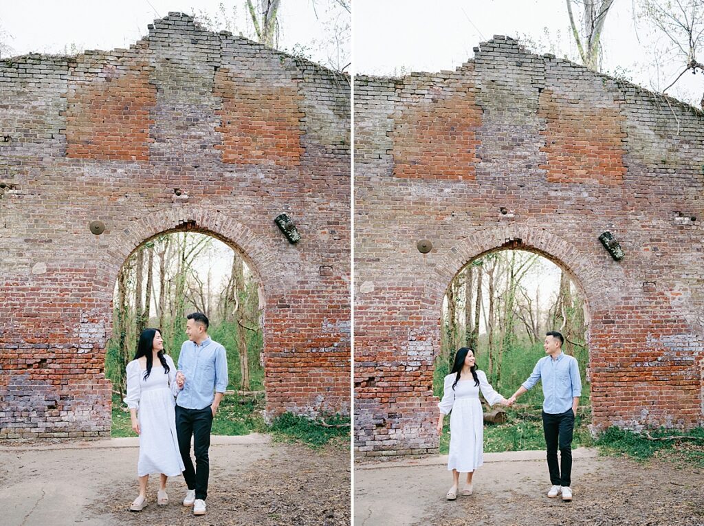 Romantic Belle Isle Engagement Session with brick archway