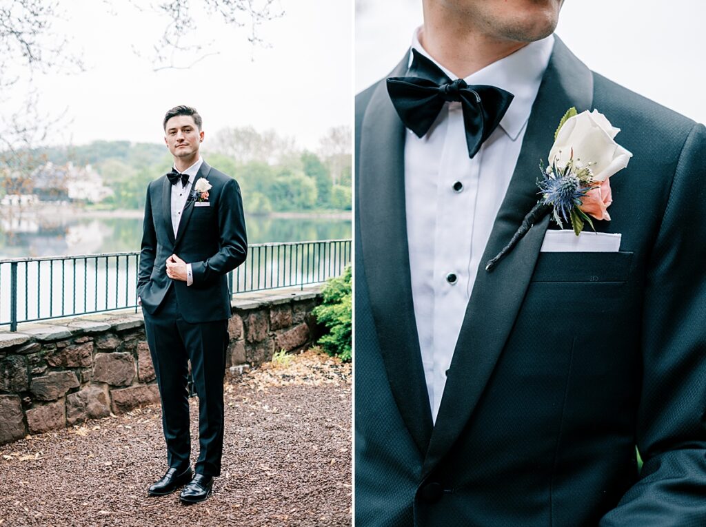 groom portraits at spring wedding at the carriage house of new hope
