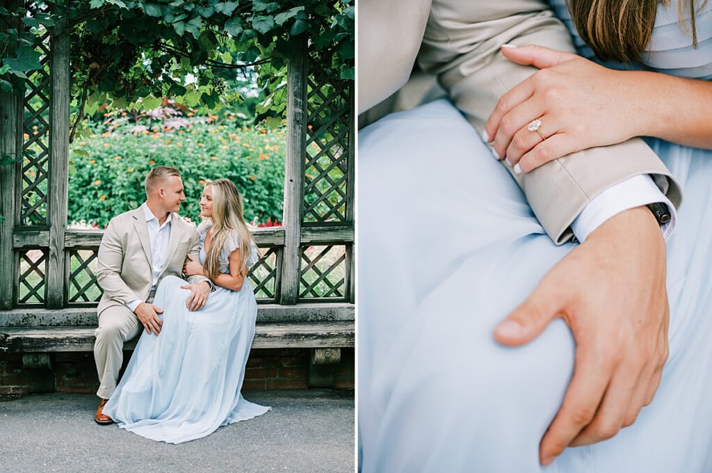 Engaged couple sitting at Biltmore's Walled Garden