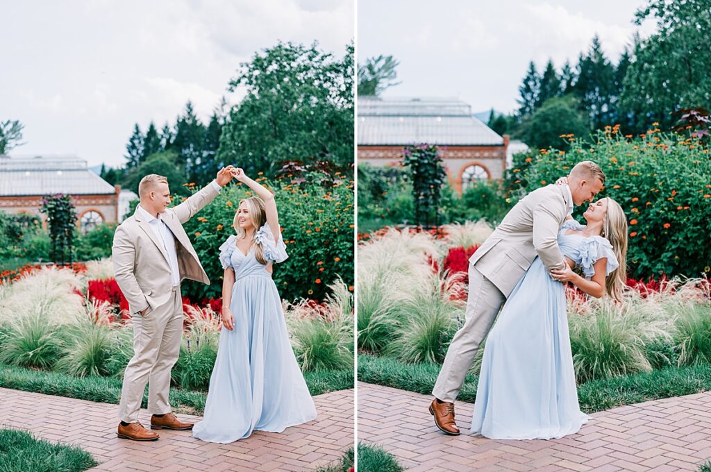 Engaged couple dancing through Biltmore's Walled Garden