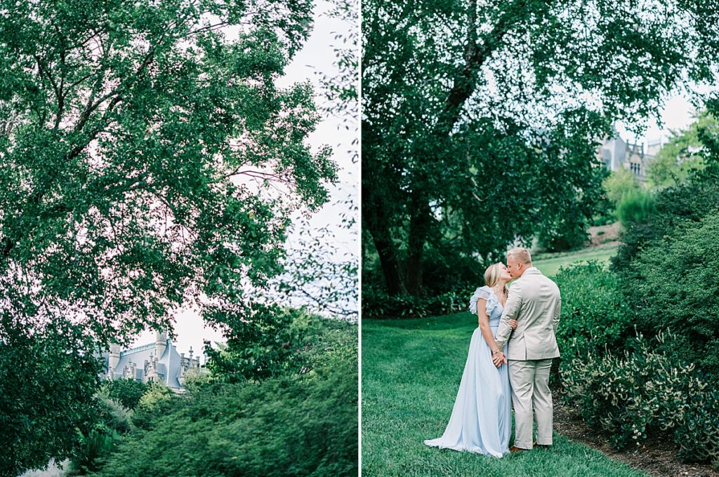 Intimate embrace captured in Biltmore's Shrub Garden by Asheville wedding photographer