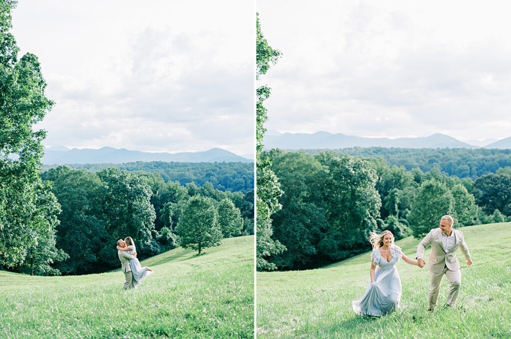 Dreamy Biltmore Estate Engagement Session featuring the couple running through Biltmore's scenic beauty