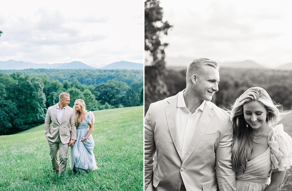 Dreamy Biltmore Estate Engagement Session featuring the couple walking through Biltmore's scenic beauty blue ridge mountains
