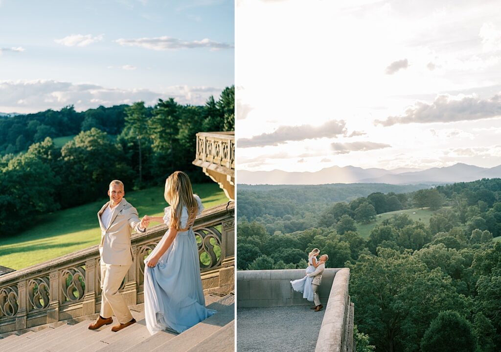 Asheville wedding photographer captures couple walk and lift on south Terrace